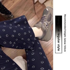 High Waist Smiley Face Micro Flared Sports Pants Womens Spring Autumn New Style Floral Print Small Size Ankle Length Trousers