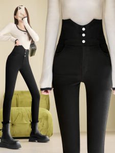 กางเกงยีนส์ทรงสลิมฟิตผ้าขนแกะสำหรับผู้หญิง กางเกงขายาวเอวสูง ผ้าฝ้ายผสมโพลีเอสเตอร์ ทรงหลวม สีดำ