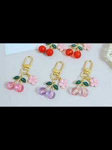 OKEY SHOP Creative Fruit Cherry Shaped Keychain Metal Green Leaf Keyring Women Car Key Pendant Friends Gift