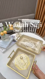 Nampan Makanan Emas BPA Free Dengan Penutup Nampan Aesthetik Tudung Trasparan Wadah Makanan Dengan Hendel Dold Tempat Roti Buah Lauk Mewah Wadah Makanan Lebaran Nampan Tray