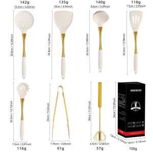 White Gold Handle Silicone Cooking Utensils Set 8 Pieces