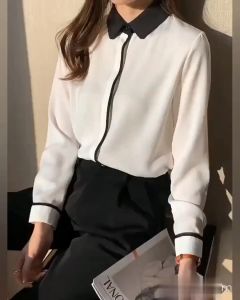 Kemeja panjang wanita kerah list hitam