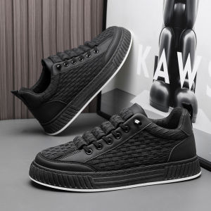 Mens Slip-On Work Shoes Pure Black Leather Sport Casual Board Shoes Waterproof Anti-Slip Trendy Shoes Breathable Low Top
