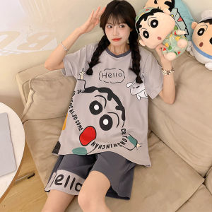 plus Size Womens Summer Sleepwear Cotton Short Sleeve Cartoon Print Home Clothes Set Comfortable Breathable round Neck Pajamas