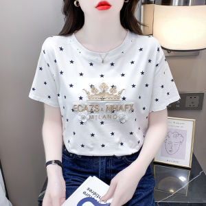 Fashionable Embroidered Pure Cotton Short Sleeve T-Shirt Womens New Summer Print Top Commute Versatile Cotton Blend Tee