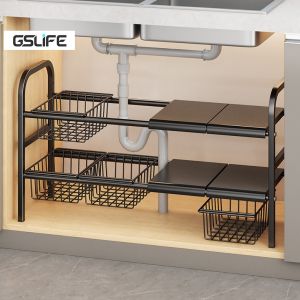 GSLIFE Rak Panci Dapur Rak Panci Wastafel Dapur Di Bawah  Dapur Rak Serbaguna Dapur Bawah Sinki Stainless Steel yang Dapat Diperluas