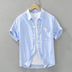 Summer New Mens Short Sleeve Shirt Pure Cotton Casual Striped Color Woven Shirt Artistic Style Fresh And Clean Cotton Shirt