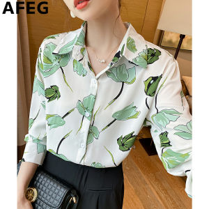 AFEG Korean shirt collar fashion loose vintage printed chiffon long-sleeved blouse for women