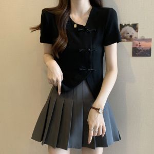 New Chinese Style Short Sleeve T-Shirt Womens Summer Slim Fit Strange Pieces Two-Piece Set Belt Hat Scarf Autumn 2024