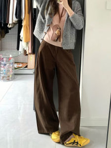 Brown Womens Wide Leg Jeans Loose Lazy Style High Waist Cargo Pocket Denim Pants Autumn Series Pure Color All Season