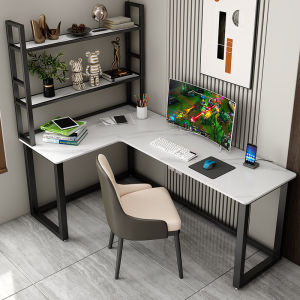 Scandinavian Stone Plate Minimalist Corner Desk Bookshelf Combination L-Type Accessible Luxury E-Sports Computer Table and Chair Desktop For Home Bedroom