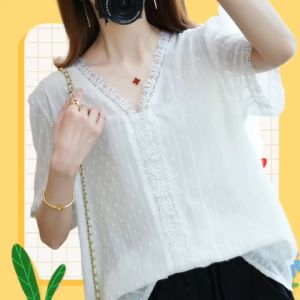 Bigsize รุ่นใหม่มาแรง เสื้อชีฟองคอวีดีเทลูกไม้สวยงามดีเริ่ดมากแม่ Oversize สีพื้นมินิมอล