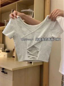 Summer Short Sleeve T-Shirt Womens Slim Fit Korean Design Back Hollow out Top Trendy Ins Fashion Shoulder Width Regular Length