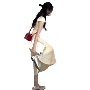 Korean Style Sweet Fishbone Short Sleeve Bodycon Dress Womens Spring New Waist Slimming Long Skirt Commute Style High Waist A-Line Dress