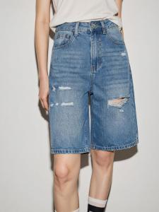 Basic House | Blue Distressed High-Waist Straight-Cut Denim Shorts