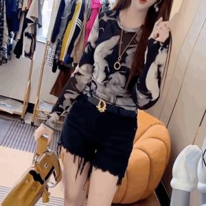 Long Sleeves round Neck T-Shirt Womens Ink Color Retro T-Shirt Bottoming Shirt 23 Summer Fashion Mesh Lace Bright Silk Silm Tops
