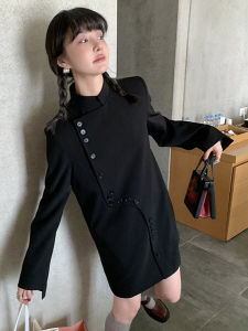 Elegant Black French Draped Dress Womens Fashion Spring Autumn Winter Polyester Fiber H-Line Midi Skirt Single-Breasted Multi-Dot