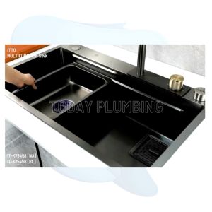 Itto IT-K75458 Multifunctional Kitchen Sink Black Embossed Nano Silver Single Bowl Topmount Stainless Steel Waterfall