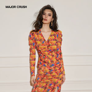 French Vintage Sunset Coast Print Pencil Skirt Set
