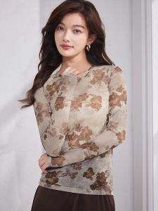 WANGGONGZHU | Ice Silk Knitted Top Womens Short Sleeve Dyed Print Thin Summer Elegant Long Sleeve Comfortable Elastic Fashionable T-Shirt