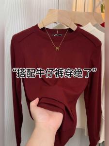 Simple European Style Womens Long Sleeve round Neck Base Shirt Fishbone Design Inner Wear T-shirt for Spring Autumn