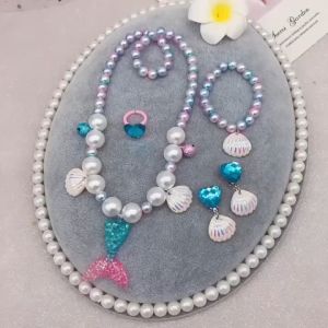 5 In 1 Mermaid Shell Pearl Necklace Pendant Earrings Ring Set Mermaid Accessories Jewelry For Kids