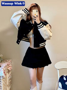 Womens College Style Short Baseball Jacket American Trendy Brand Versatile Early Autumn New Arrival Polyester Fiber Long Sleeve Button Closure