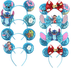 New Lilo&Stitch Mickey Mouse Ears Headbands Women Party Hair Accessories Cartoon Headband for Girls Kids Sequins 5"Bow Hairband