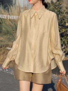 Spring 2025 Early Season Womens Silk Shirt Thin Bubble Sleeve Polo Top European Fashion Style Long Sleeve OL Style Loose Fit
