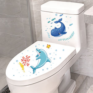 Bathroom Decorative Flower Painting Toilet Lid Sticker Funny Dolphin Whale Wall Decal Waterproof Cartoon Animation Design