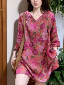 Cotton and Linen Womens Clothing Retro Color Mid Length Long Length Pullover Shirt Summer Slim Fit Slimming Ladieswear Western Style Linen Tops Thin