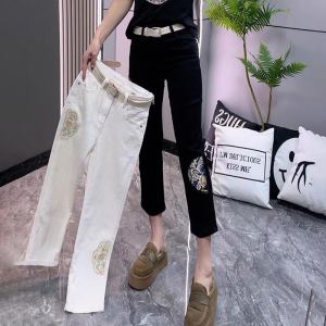 Narrow Version Cropped Straight-leg Denim Female 2024 Spring and Summer New Arrival Chinese Style Embroidery High Waist All-Matching Slim-Fit Cigarette Pants
