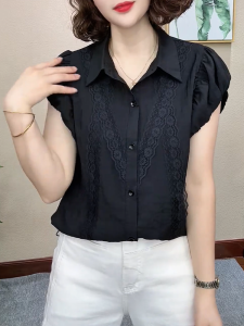 QINGNAER | Simple Loose Black Polo Neck Short Sleeve Shirt 2025 Summer