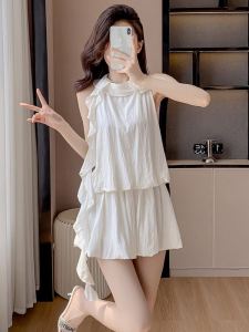 French style Sweet off-the-Shoulder Hanging Neck Layered dress Women Summer Seaside Vacation Small Loose A Word Short dress
