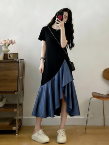 Đầm T-shirt Giả Lớp Ánh Kim Đính Panel Dài Kiểu Đuôi Cá
