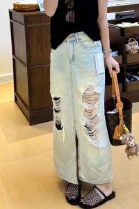 MANMI | Stylish Design Hole Straight Denim Skirt