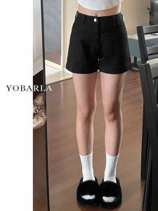 High Waist Black Denim Shorts Womens Summer Thin Large Size A-Line Hot Pants Tummy Covering Slimming Elastic Pear Shaped Body