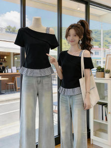 AIYITI | Áo Thun Dáng Peplum Phối Carô Dễ Thương Off-shoulder