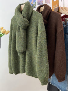 Christmas Green V-Neck Raccoon Fleece Womens Knitwear Soft Cozy Versatile Winter Outfit Two-Piece Set Commute Korean Style