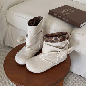 XUJIA | Retro Heeled Martin Boots with Bow and Stack Design for Autumn and Summer White