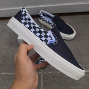 OBRAL SEPATU SLIP ON PRIA WANITA HITAM CHECKERBOARD KOTAK KOTAK IMPORT QUALITY 36-43 SEPATU SELOP KANVAS MOTIF HITAM PAPAN CATUR 100%