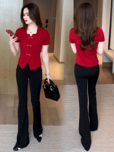 Fashionable Short Sleeve Cotton Suit Set Womens Summer New Style Small Size Flared Pants Two-Piece Set Trendy Chinese National Style