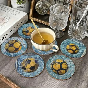 2D 6pcs Retro Football Design Wooden Coasters Table Decorative Coasters for Coffee Tea Cups Ideal Football Enthusiasts Gifts