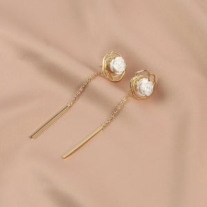 ต่างหูจี้ยาวประดับลูกปัดรูปดอกกุหลาบสไตล์วินเทจสำหรับผู้หญิง ไม่ต้องเจาะหู เครื่องประดับแฟชั่นสไตล์เกาหลี