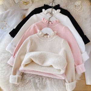 Thickened Fleece Girls Sweater Half High Collar Baby Soft Knittedwear Charmoffmy Brand Versatile Style Floral Edge Pure Color