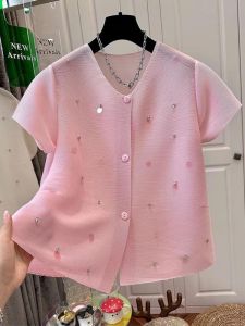 Shalldoer | Fashionable Embellished V-Neck Short Sleeve Blouse