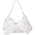 Pearl Bow-Knotted Shoulder Bag for Women Small Casual Baguette Crossbody Satchel with Zipper Closure and Single Root Strap. 