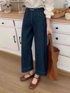 PAIBOLI | Deep Blue High Waist Straight Leg Jeans Womens Winter New Style Slim Fit Loose Nine Tube Pants Vintage Style Long Trousers