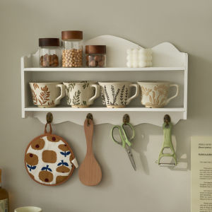 Kitchen Wall Mounted Shelf With Hooks For Cup Storage And Utensils Organization