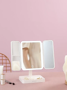 Three-sided Makeup Mirror With LED Lighting Three Color Lighting Modes Touch Control And Brightness Adjustment.